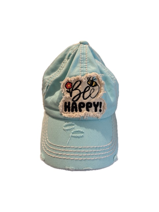 Accessories - Bee Happy Distressed Aqua Dad Hat | Cute Graphic Baseball Cap